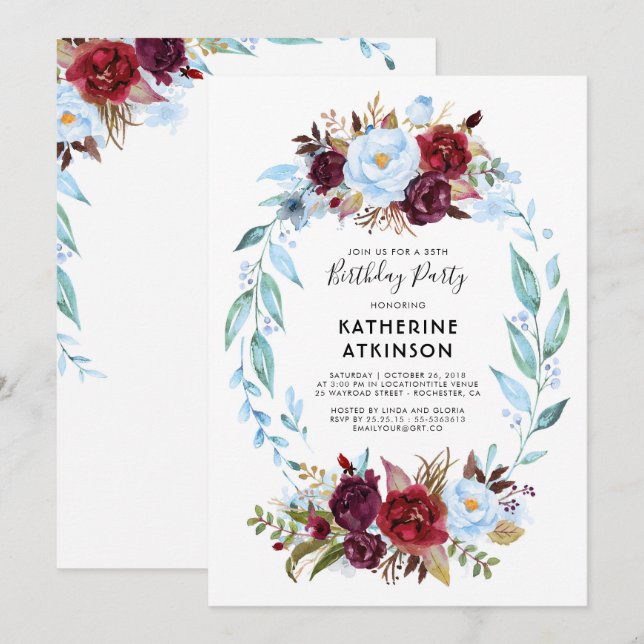 Dusty Blue and Burgundy Red Flowers Birthday Invitation (Front/Back)