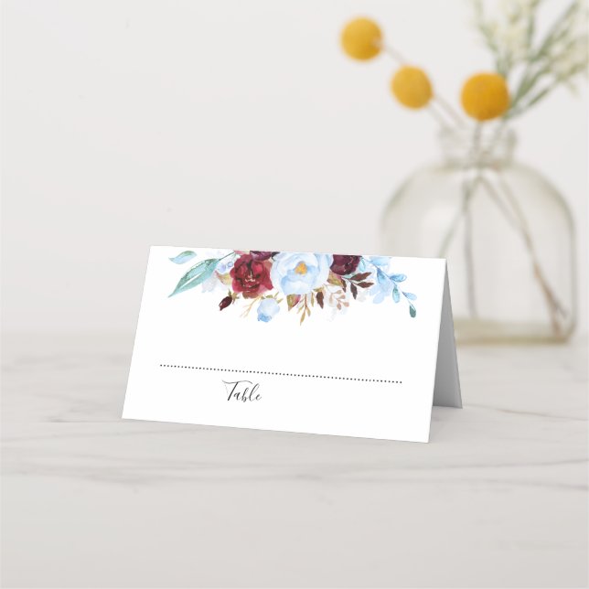 Dusty Blue and Burgundy Red Flowers Place Card (Front)