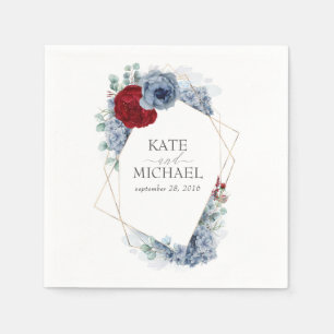 Dusty Blue and Burgundy Red Flowers Wedding Napkin