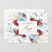 Dusty Blue and Burgundy Red Wedding RSVP Postcard