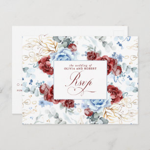 Dusty Blue and Burgundy Red Wedding RSVP Postcard