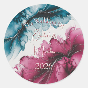 Dusty Blue and Burgundy Swirl Wedding Classic Round Sticker