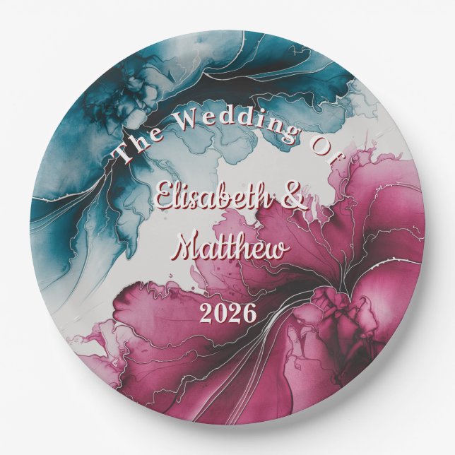 Dusty Blue and Burgundy Swirl Wedding Paper Plate (Front)