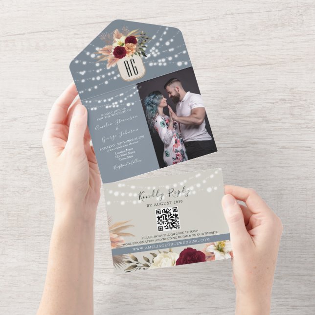 Dusty Blue and Burgundy Wedding QR Code All In One Invitation (Tearaway)