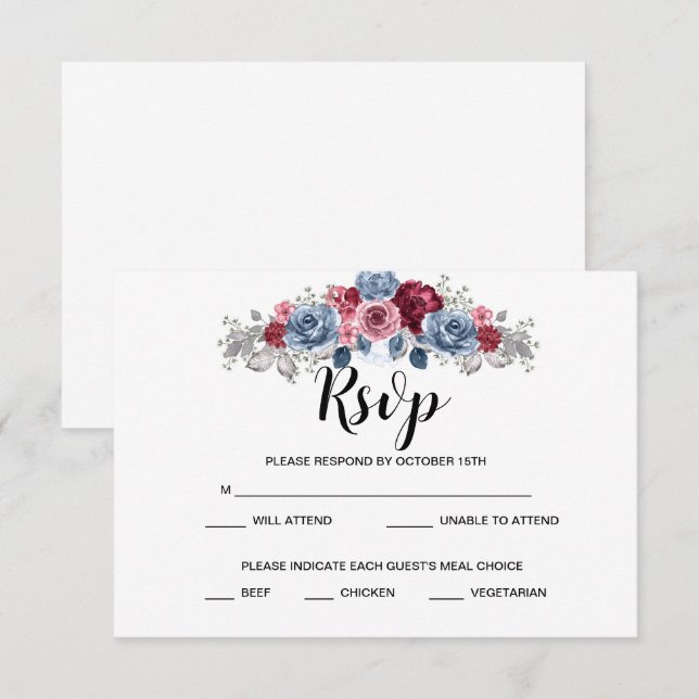 Dusty Blue and Burgundy Wedding  RSVP   Card (Front/Back)
