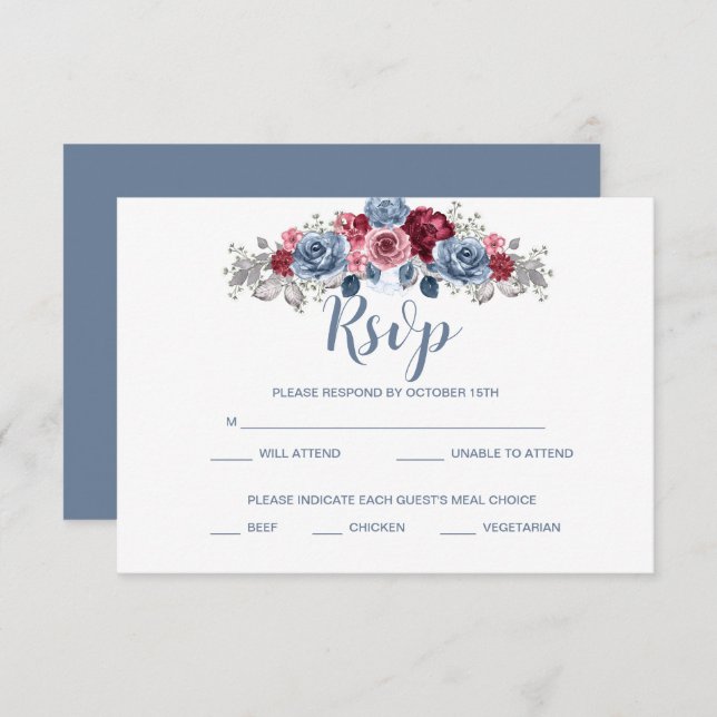 Dusty Blue and Burgundy Wedding  RSVP Enclosure   (Front/Back)