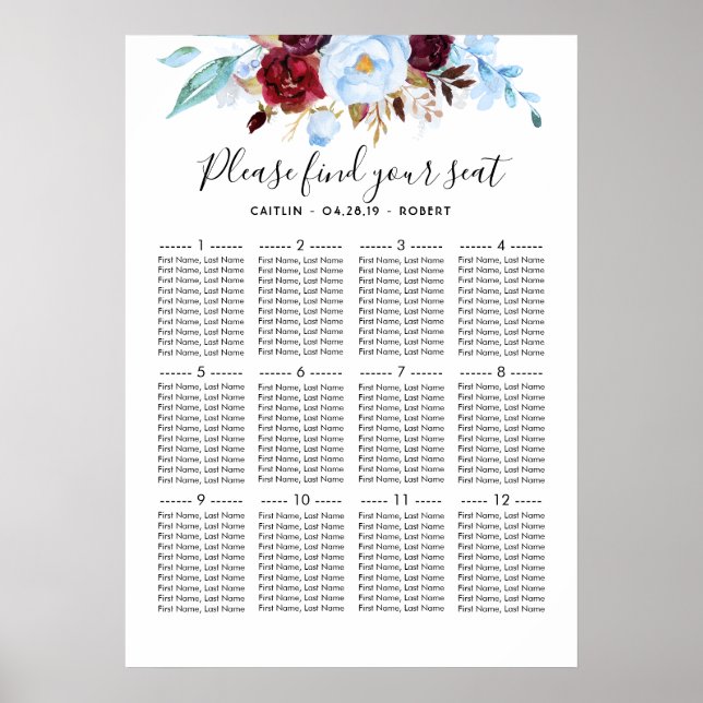Dusty Blue and Burgundy Wedding Seating Chart (Front)