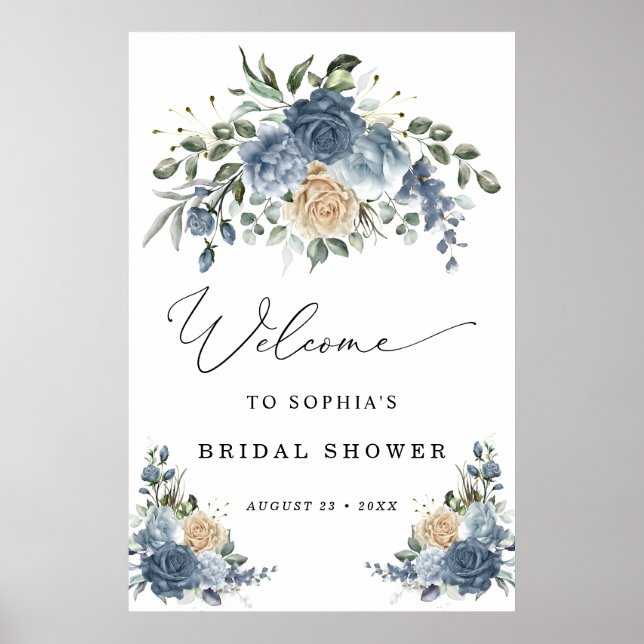 Dusty Blue and Champagne Bridal Shower Welcome Poster (Front)