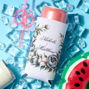 Dusty Blue and Cotton Wedding Favor Seltzer Can Cooler