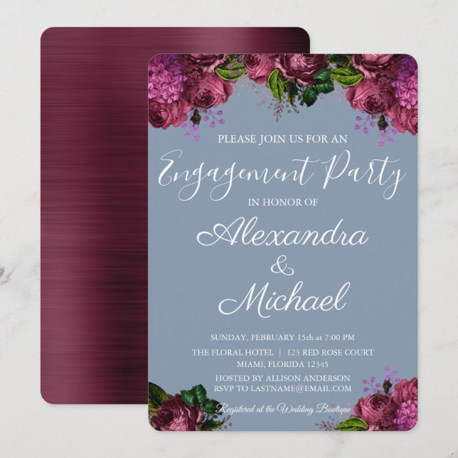Dusty Blue and Cranberry Burgundy Engagement Party Invitation (Front/Back)