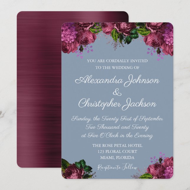 Dusty Blue and Cranberry Burgundy Wedding Invitation (Front/Back)