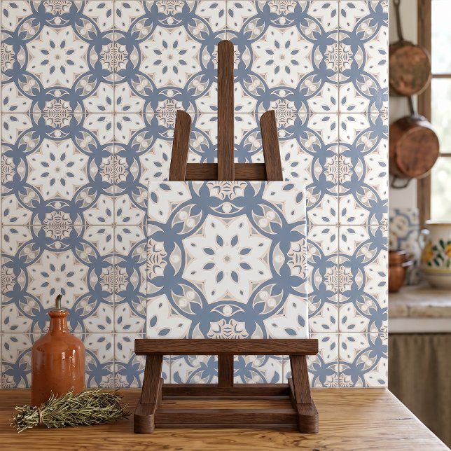 Dusty Blue and Cream Boho Geometric Floral Mandala Ceramic Tile (Creator Uploaded)