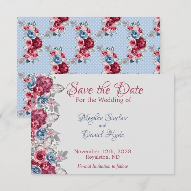 Dusty Blue and Deep Burgundy Floral Save The Date (Front/Back)