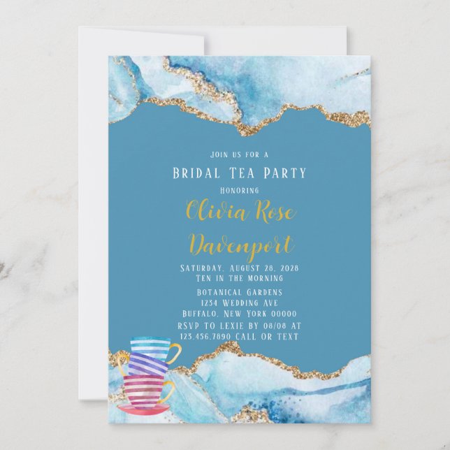 Dusty Blue and Gold Agate Bridal Tea Party Invitation (Front)