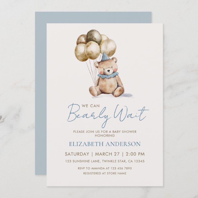 Dusty Blue and Gold Bearly Wait Bear Baby Shower Invitation (Front/Back)