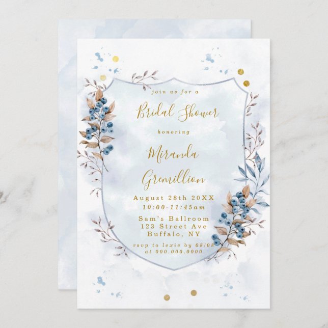 Dusty Blue and Gold Blueberries Bridal Shower Invitation (Front/Back)