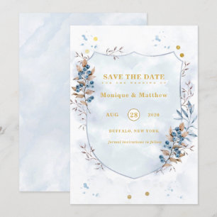 Dusty Blue and Gold Blueberry Save The Date Cards