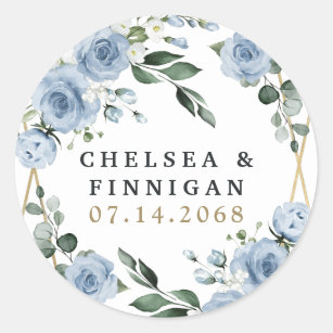 Dusty Blue and Gold Elegant Floral Rustic Wedding Classic Round Sticker