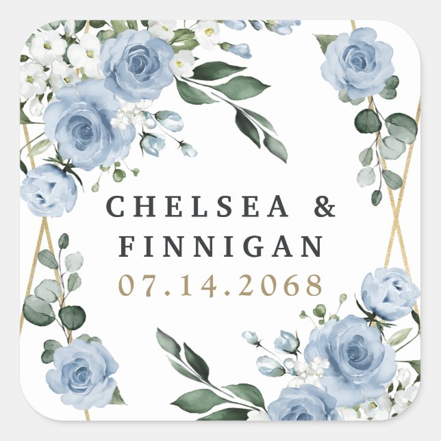 Dusty Blue and Gold Elegant Floral Rustic Wedding Square Sticker (Front)
