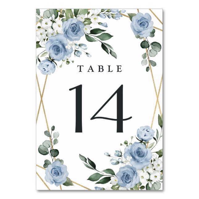 Dusty Blue and Gold Elegant Floral Rustic Wedding Table Number (Front)