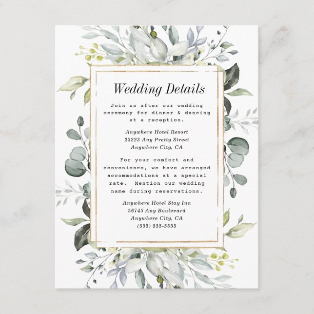 Dusty Blue and Gold Elegant Rustic Floral Wedding Enclosure Card (Front)