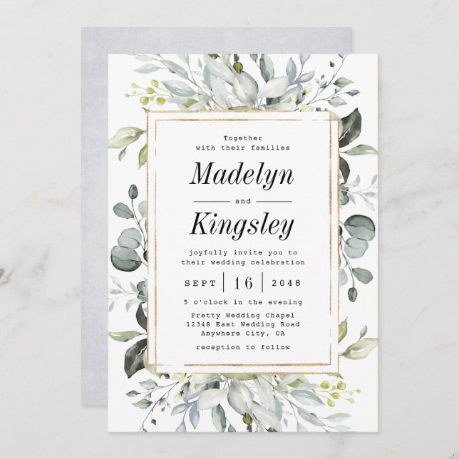 Dusty Blue and Gold Elegant Rustic Floral Wedding Invitation (Front/Back)