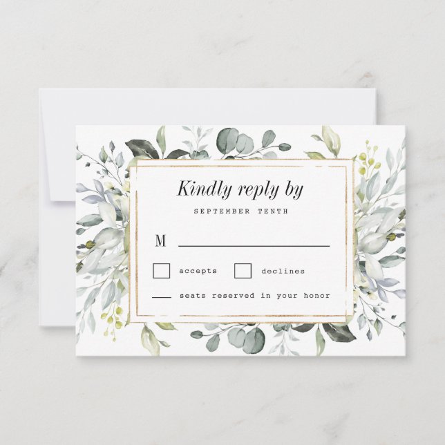 Dusty Blue and Gold Elegant Rustic Floral Wedding RSVP Card (Front)