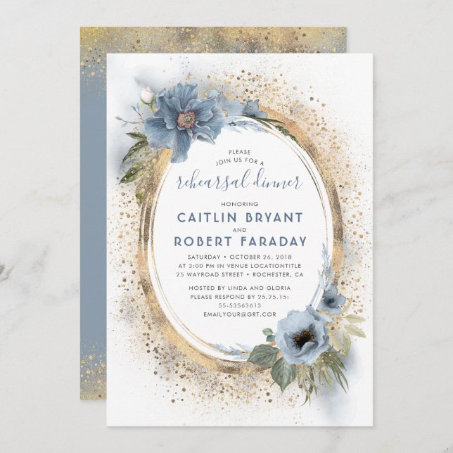 Dusty Blue and Gold Floral Chic Rehearsal Dinner Invitation (Front/Back)