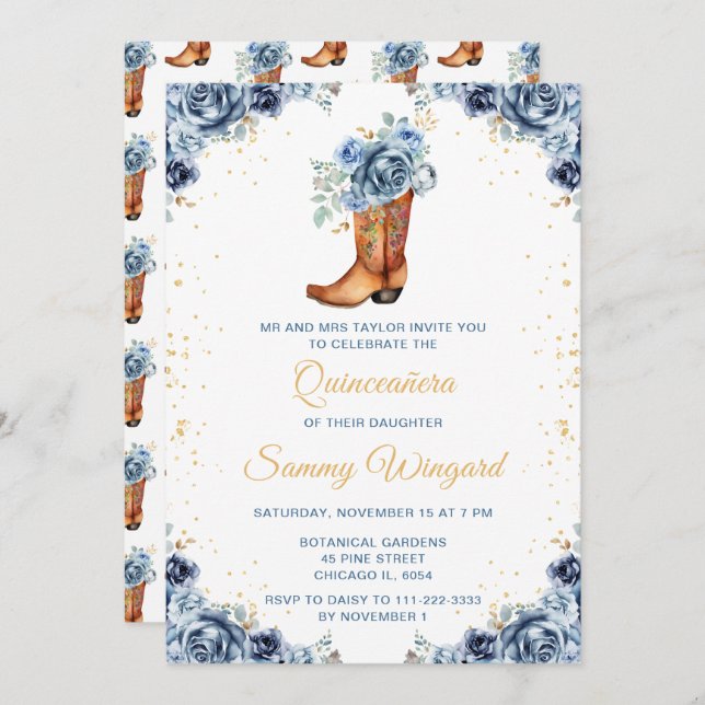 Dusty Blue and Gold Floral Cowboy Boot Quinceañera Invitation (Front/Back)