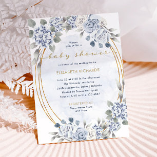 Dusty Blue and Gold Floral Elegant Baby Shower Invitation