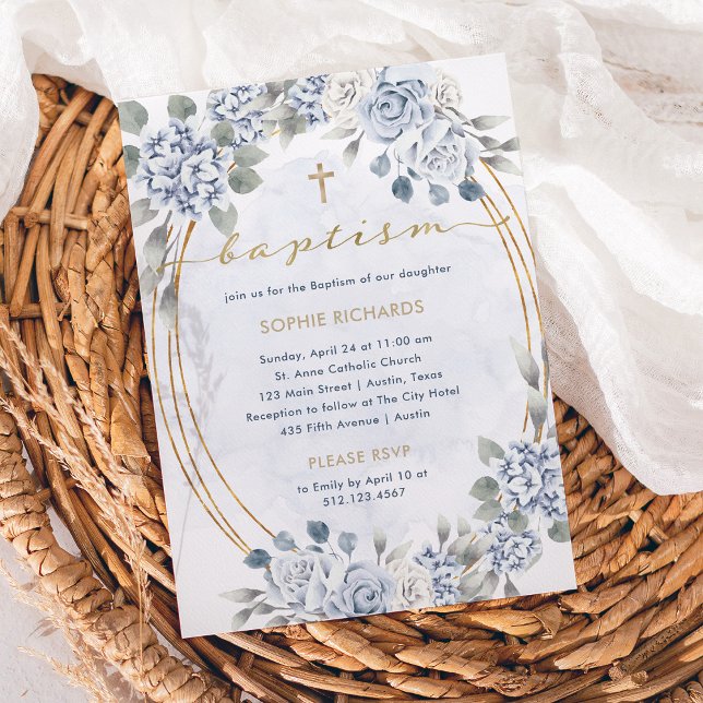 Dusty Blue and Gold Floral | Elegant Baptism Invitation (Creator Uploaded)