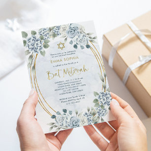 Dusty Blue and Gold Floral   Elegant Bat Mitzvah Invitation