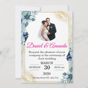 Dusty Blue and Gold Floral Photo Wedding Invitatio Invitation