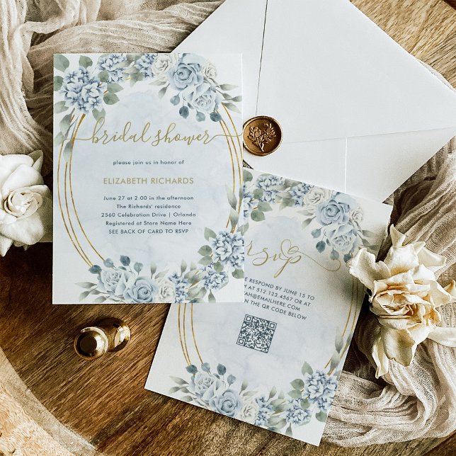 Dusty Blue and Gold Floral | QR Code Bridal Shower Invitation (Creator Uploaded)