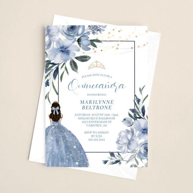 Dusty Blue and Gold Floral Quinceañera Invitation (Creator Uploaded)