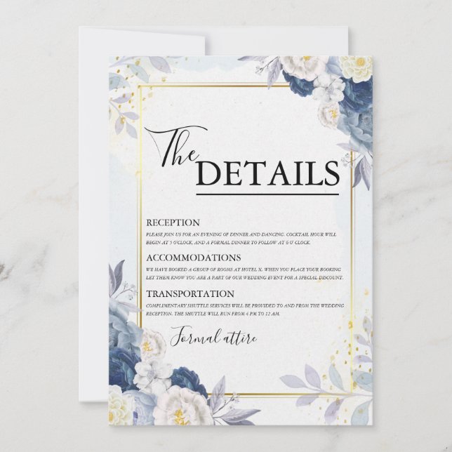 Dusty Blue and Gold Floral Wedding Details Card (Front)