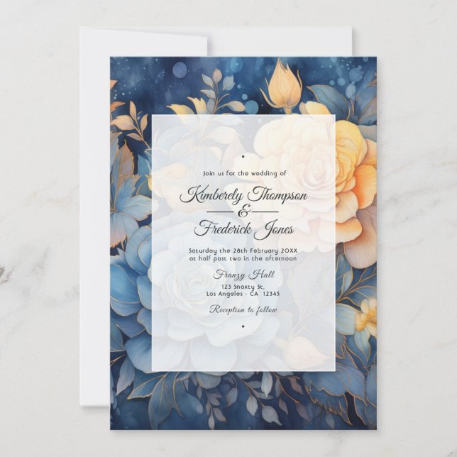 Dusty Blue and Gold Floral Wedding Invitation (Front)