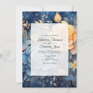Dusty Blue and Gold Floral Wedding Invitation