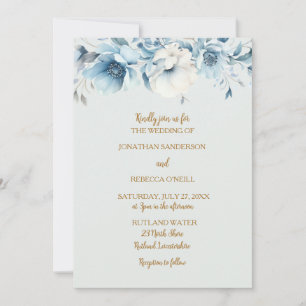 Dusty blue and gold, floral wedding invitation