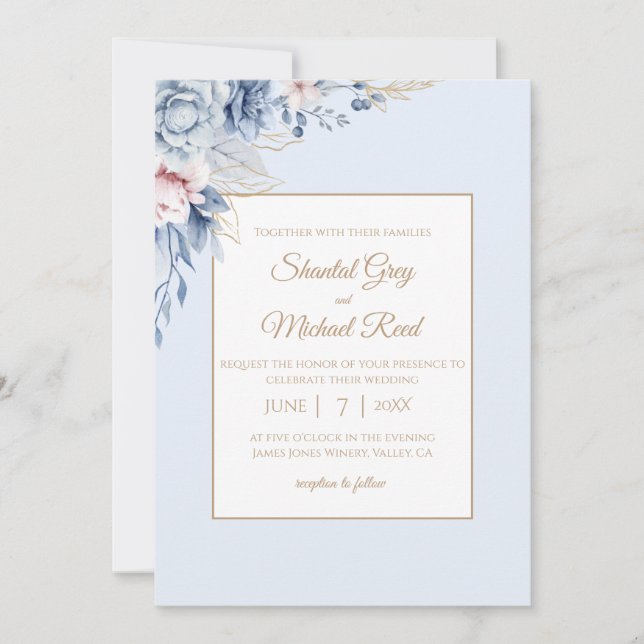 Dusty Blue and Gold Floral Wedding Invitation (Front)
