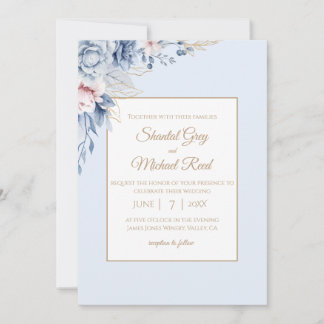 Dusty Blue and Gold Floral Wedding Invitation