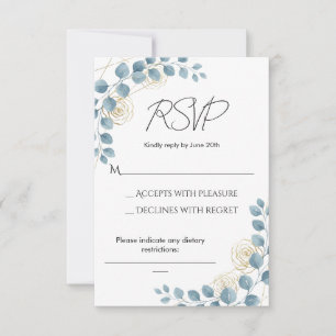 Dusty Blue and Gold Floral Wedding RSVP Card