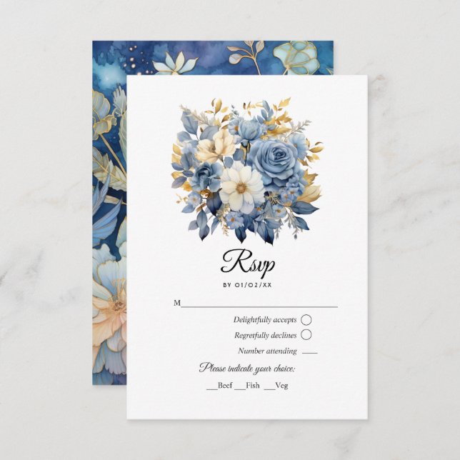 Dusty Blue and Gold Floral Wedding RSVP Card (Front/Back)
