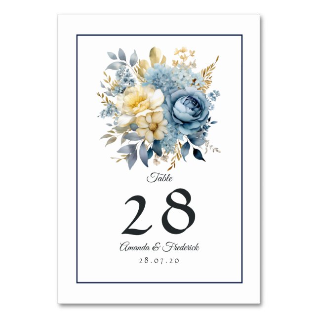 Dusty Blue and Gold Floral Wedding Table Number (Front)