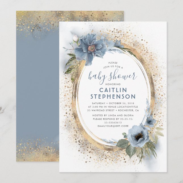 Dusty Blue and Gold Glitter Baby Shower Invitation (Front/Back)