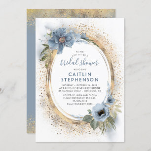 Dusty Blue and Gold Glitter Floral Bridal Shower Invitation