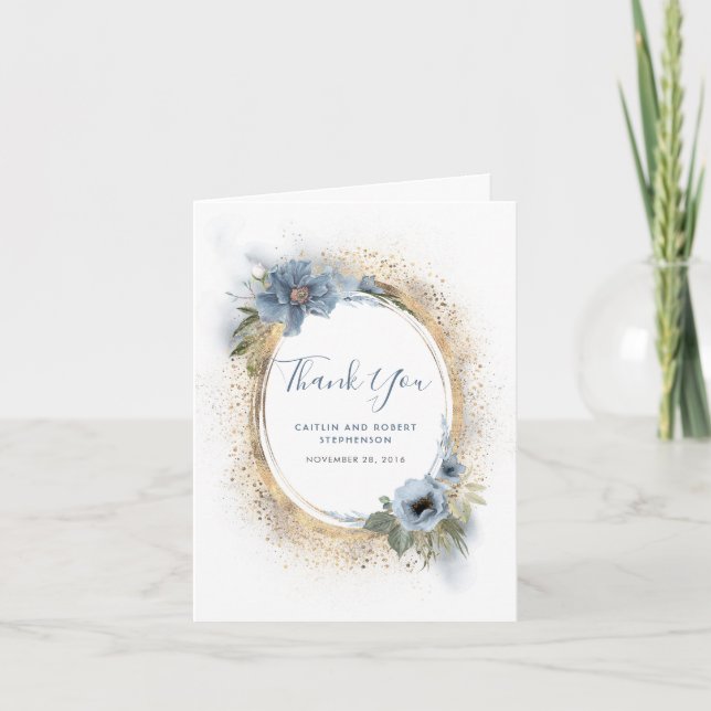Dusty Blue and Gold Glitter Floral Thank You Card (Front)