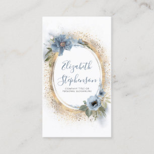 Dusty Blue and Gold Glitter Modern Floral Chic Business Card