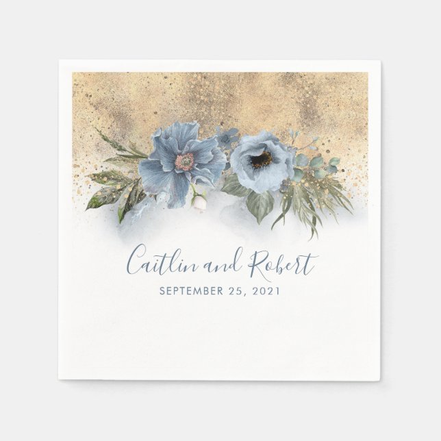 Dusty Blue and Gold Glitter Romantic Wedding Napkin (Front)