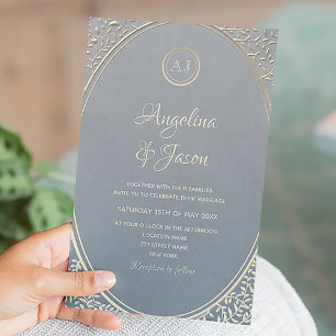 Dusty Blue and Gold Luxury Wedding Invitation